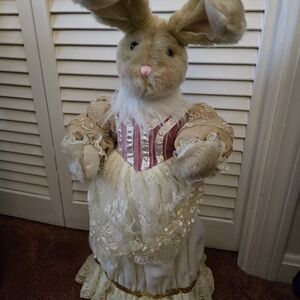 Charming Female 20" Tall Cream/Tan/Pink Plush Bunny in Lace Dress